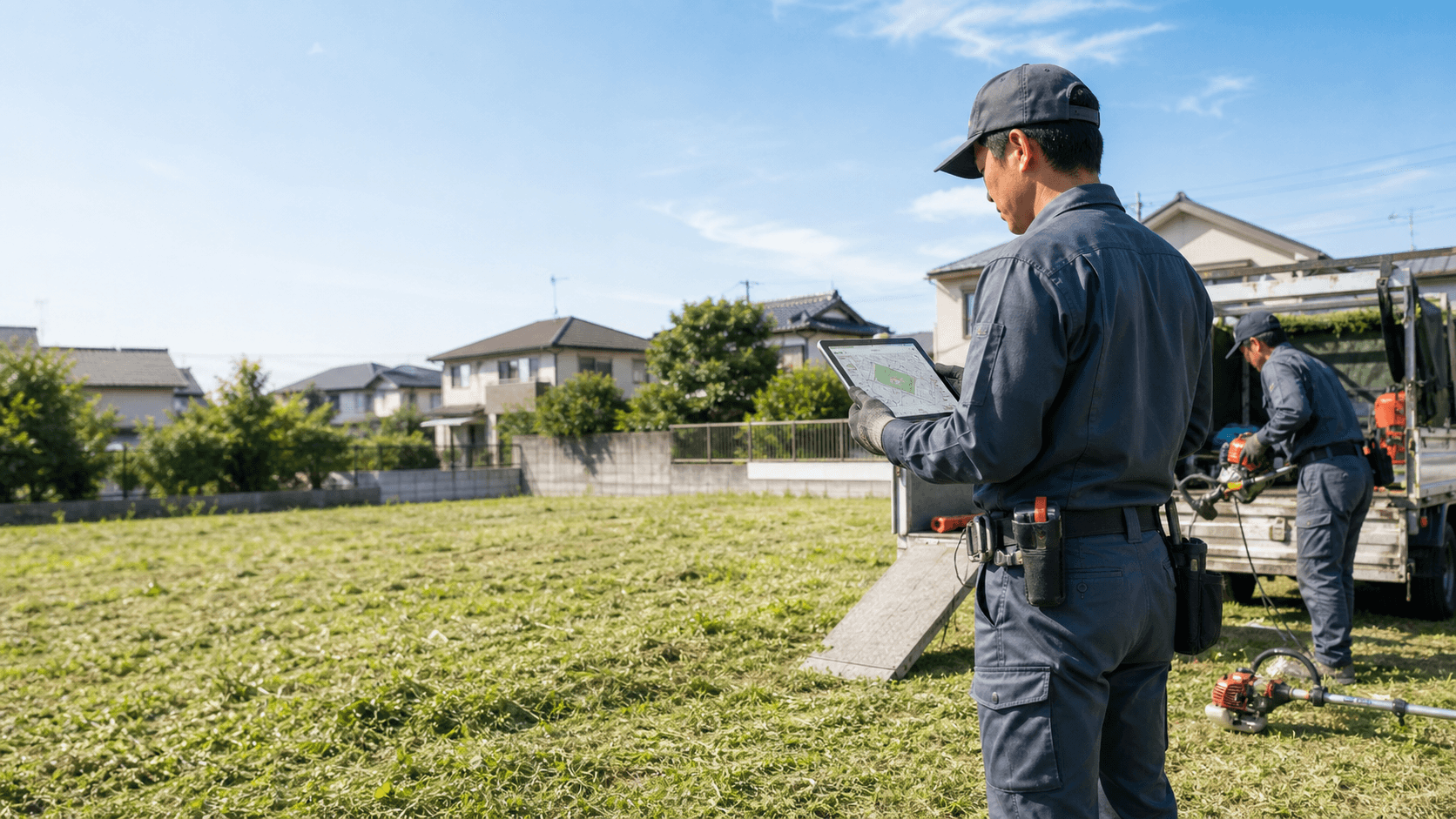 草刈り業者が地図を見ながら現場を確認している様子