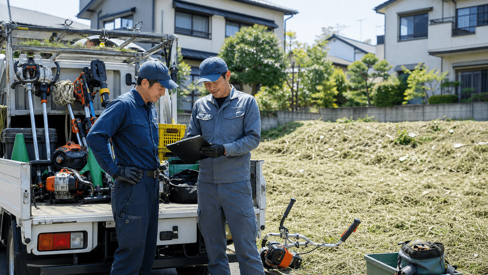草刈り作業前にスタッフが作業内容を確認している様子