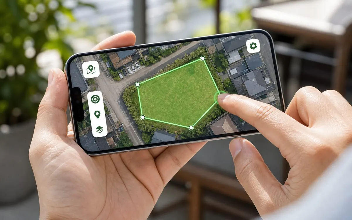 スマートフォンの地図上で草刈り範囲をなぞっている様子